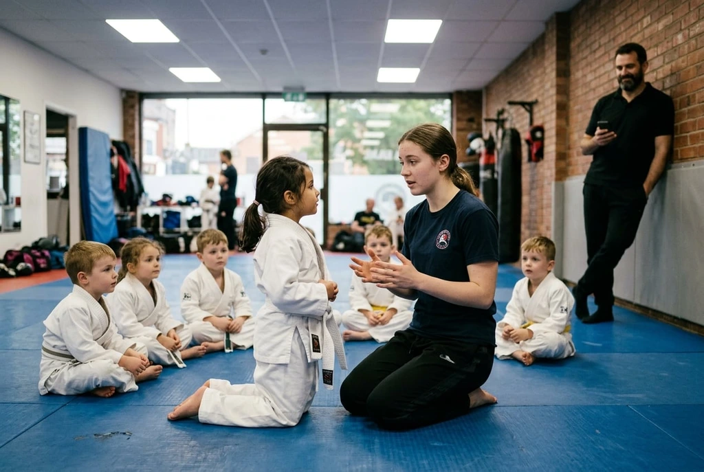 Eine junge Trainerin kniet auf der Matte und erklärt Kindern im Gi eine Technik, der Cheftrainer schaut vom Rand aus zu
