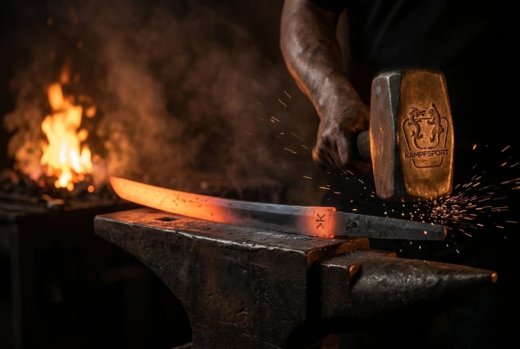 Ein Schmied hämmert auf dem Amboss eine glühende Klinge, im Hintergrund brennt die Esse